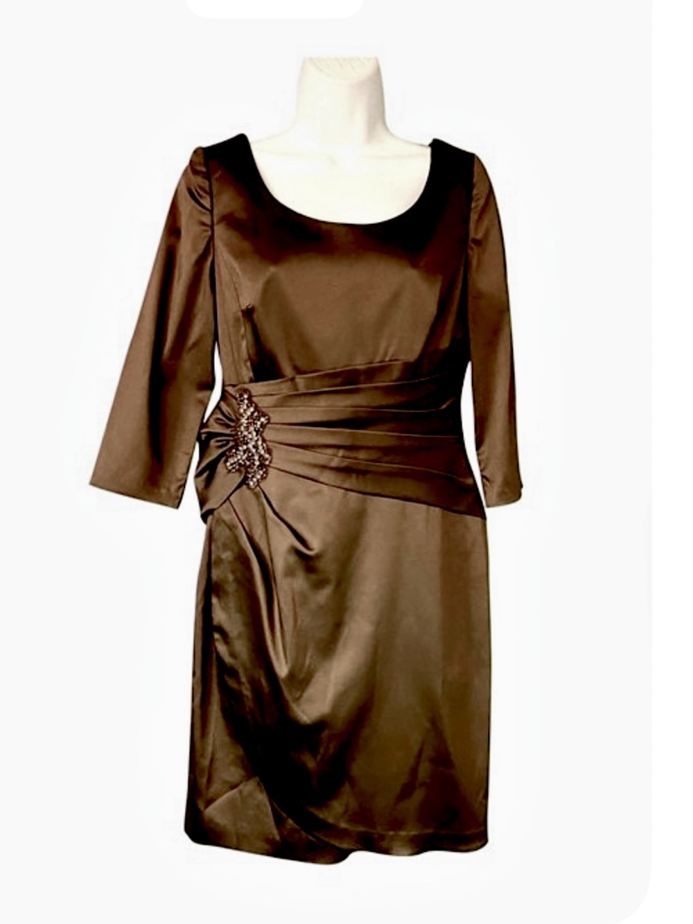 Kay Unger sz 8 Brown Cocktail Dress with Embellished Side bodice stretch satin